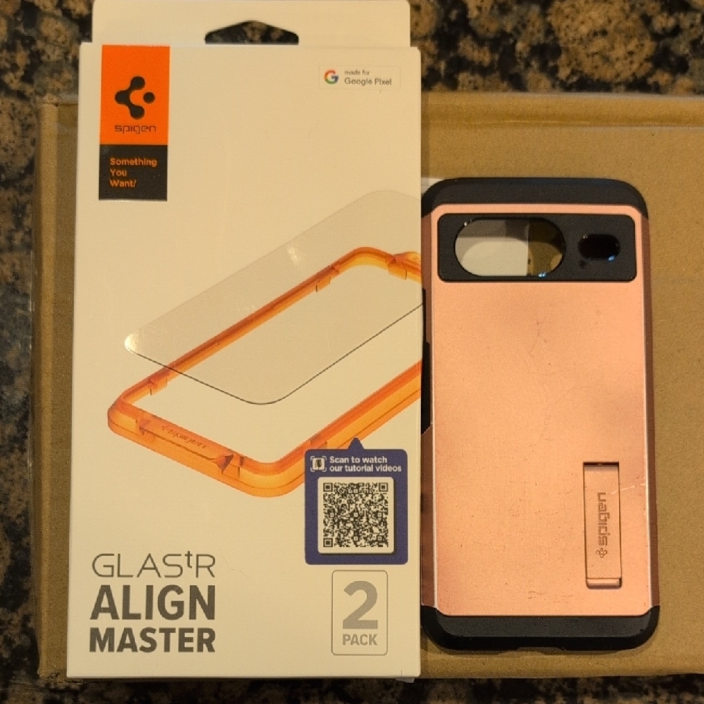 Spigen Screen Protector with Alignment Tool + Rose Gold Phone Case For Pixel 8